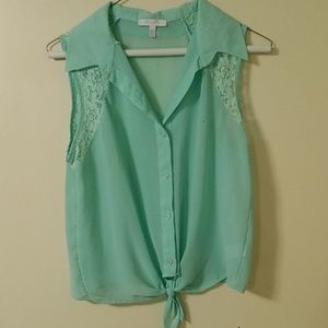 Light Turquoise Tie Front Sheer Top